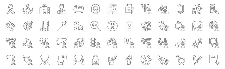 Cancer line icons. Vector illustration include icon - mri, doctor, treatment, biopsy, radiology, biopsy, sarcoma, therapy, radiology outline pictogram for oncology tumor diagnostic. Editable stroke