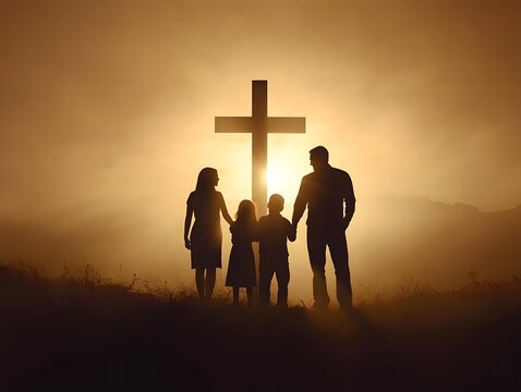Family with mom dad and kids standing in front of a cross faith and togetherness AI generated