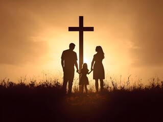 Family silhouette featuring parents and children representing religious spirituality AI generated