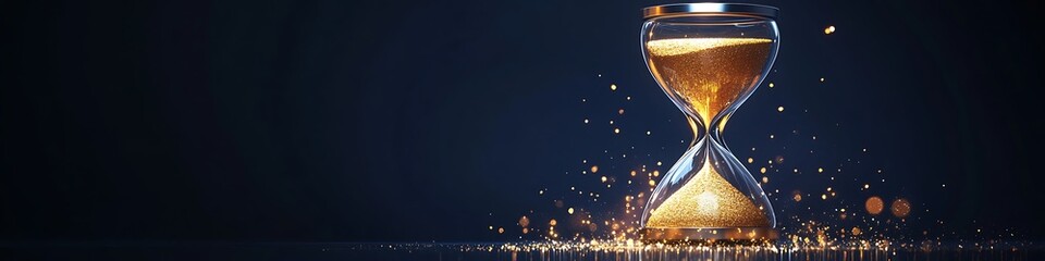A glowing 3D hourglass with metallic silver accents and sparkling golden sand isolated on a midnight navy background