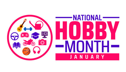 National Hobby Month background, banner or poster design template. observed every year in January. Holiday concept. Use to any Template, card, poster, placard, template.