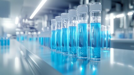 Modern Laboratory with Rows of Test Tubes and Blue Liquid