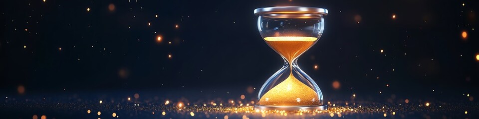 A glowing 3D hourglass with metallic silver accents and sparkling golden sand isolated on a midnight navy background