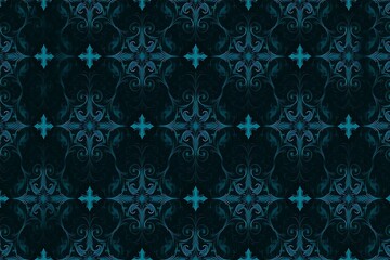Fototapeta premium Dark Teal Damask Pattern: Elegant and intricate, this seamless dark teal damask pattern exudes sophistication and timeless beauty.