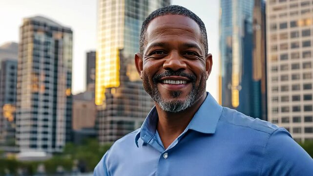 African American man standing at urban city outdoor with buildings 