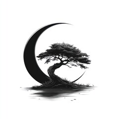 Bonsai tree silhouette under crescent moon.