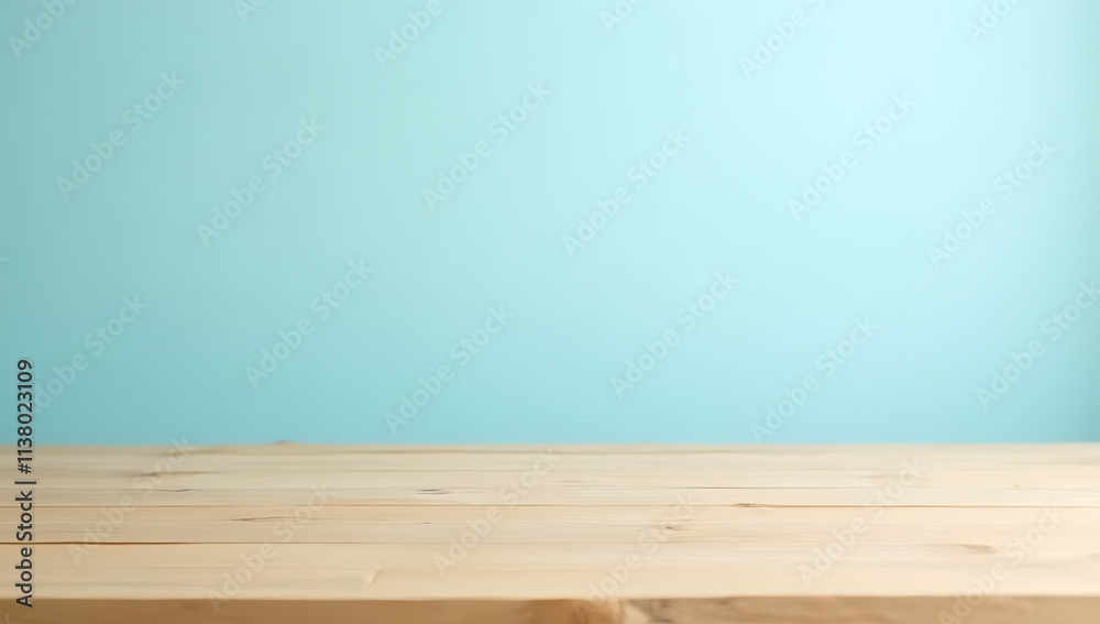 Poster wooden table top is empty, resting on a soft blue pastel colored background with minimal decoration 