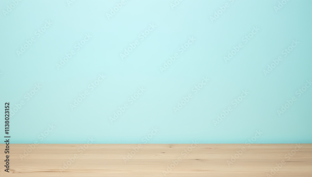 Poster wooden table top is empty, resting on a soft blue pastel colored background with minimal decoration 