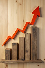 Wooden background featuring a growing business concept with an upward pointing arrow graph illustrating success and achievement milestones._00002_