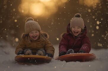 two happy children sledding down the hill, wearing winter and hats, joyful expressions