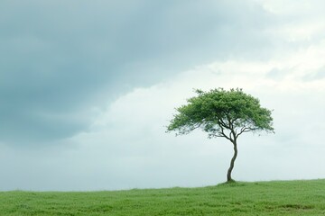 Obraz premium Powerful visual metaphor of resilience, illustrating a solitary tree defying fierce winds under a tumultuous sky.