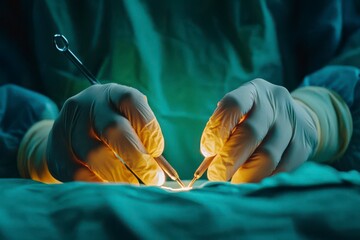 Surgical Hands at Work During Operation with Surgical Instruments, Lighting Emphasizing Precision and Care in Medical Procedures in a Modern Operating Room