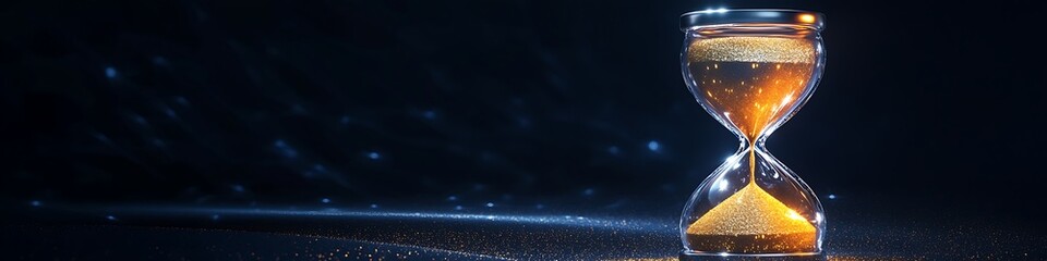 A glowing 3D hourglass with metallic silver accents and sparkling golden sand isolated on a midnight navy background