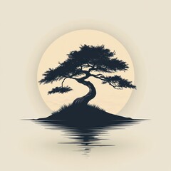 Silhouette of bonsai tree on island reflecting in water under moon.