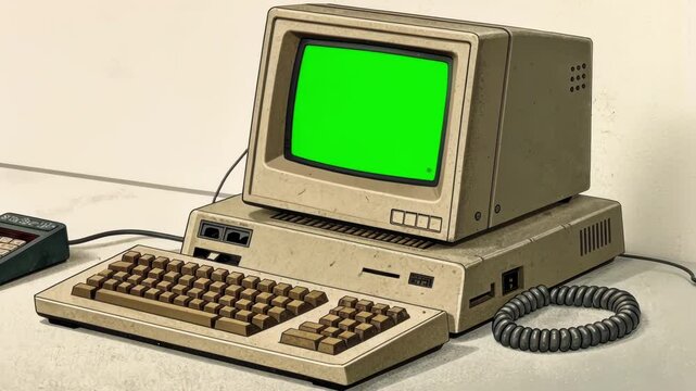 Network Connections An old laptop with a thick body and a dusty keyboard is connected to a vintage modem. The green backlight of its screen flickers as it displays a connecting