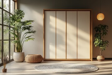 Sunlit minimalist room with closet, plants, and rug.