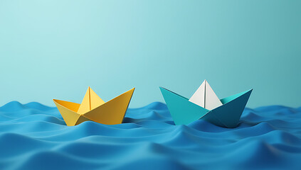 Obraz premium Two simple paper boats represent a strong business struggling against fierce competition in the vast ocean of commerce and industry._00003_