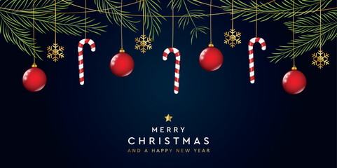 merry christmas greeting card banner with fir branches and hanging candy cane vector illustration