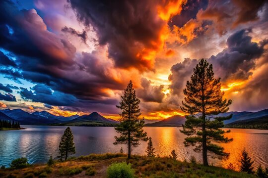 Silhouetted storm clouds dramatically frame Dillon Reservoir's epic landscape near Silverthorne, Colorado.