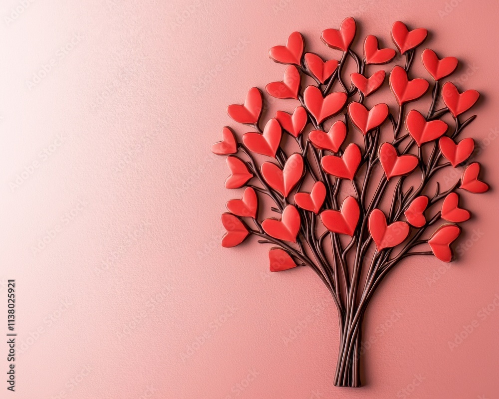 Poster a colorful tree made of red heart shapes on a soft pink background, symbolizing love and affection.