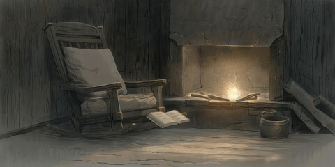 Interior Scene: Rocking Chair, Fireplace, and Books