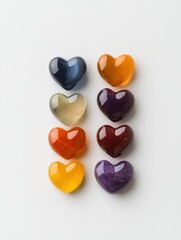 Colorful heart-shaped stones arranged in a grid on a white background.