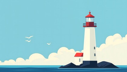 Minimalistic illustration of a lighthouse isolated on a small island under a blue sky