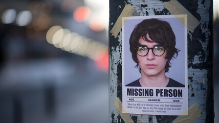 Close-up of a missing person poster with photo and text details, taped to a weathered wooden pole, conveying urgency and seriousness of the situation.