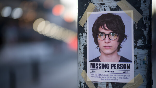 Close-up of a missing person poster with photo and text details, taped to a weathered wooden pole, conveying urgency and seriousness of the situation.