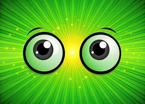 Silhouette eyes blink, gaze up and down against a vibrant green backdrop. 2D animation.