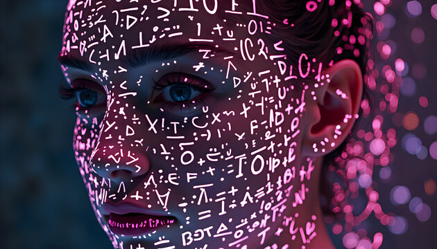 digital art of a woman's face with code biner