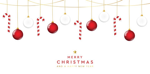 merry christmas greeting card banner with hanging candy cane decoration vector illustration