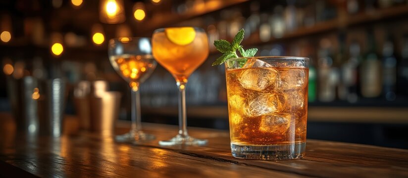 Three cocktails on a bar counter.