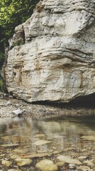 Rocky cliff face beside a calm, shallow stream.