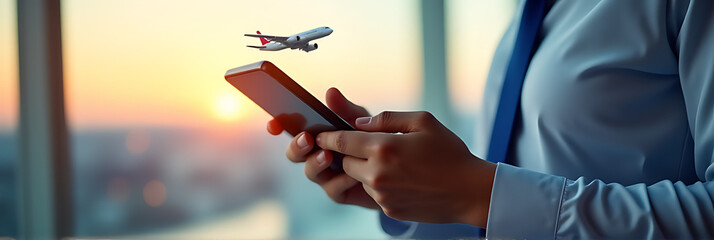 Ticket booking and management system features a person holding a smartphone near an airplane on a colorful business transportation background._00003_