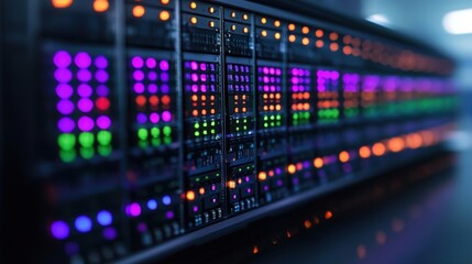 Fototapeta premium Quantum machines and computing development, A close-up of a server rack illuminated with colorful LED lights, showcasing a modern data center environment.