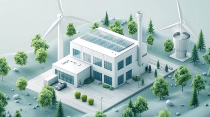Wind power station, isometric industrial energy building in 3d style. Alternative green power plant and generating station. Reactor energy. Vector illustration
