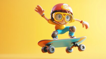 A 3D cartoon boy wearing a helmet and glasses skateboards with a yellow background.