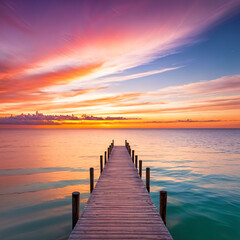 Fototapeta premium A serene sunset scene with a wooden pier extending into the ocean, set against a backdrop of colorful clouds.