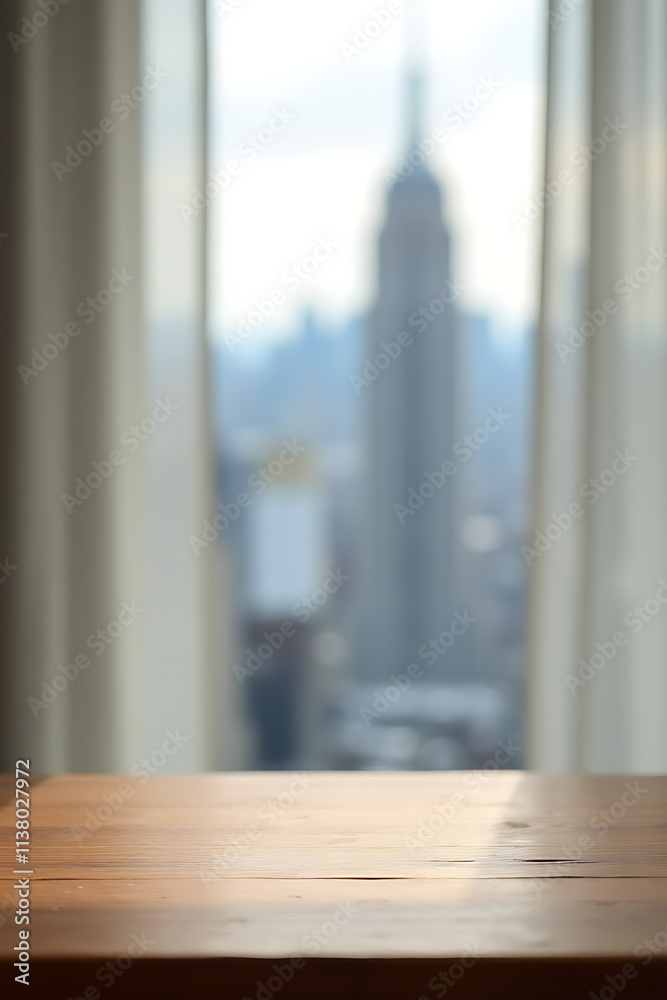 Poster the wood table top blended in with a blurred curtain, creating a subtle backdrop for a stunning city