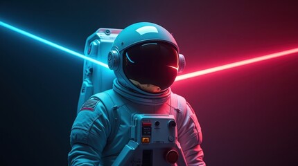 Futuristic Astronaut Bathed in Colorful Light and Laser Beams