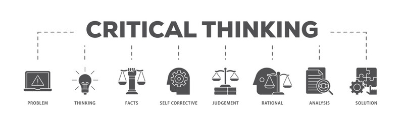 Critical thinking infographic icon flow process which consists of solution, analysis, self corrective, rational, judgement, facts, thinking, problem icon live stroke and easy to edit .