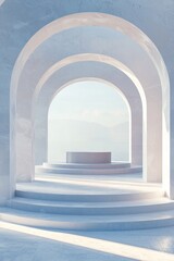 A minimalist, open-air circular room with a podium in the center, surrounded by arched doorways leading to different settings, set against an abstract background of light blue and white hues.