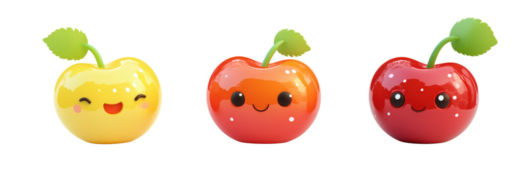 Cute cartoon apples with faces, vibrant colors, smiling expressions, yellow, orange, red, glossy finish, playful design, isolated on transparent background, png
