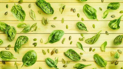 A Vibrant Display of Fresh Spinach Leaves and Seeds on a Light Wooden Surface
