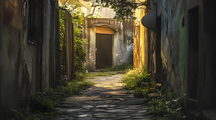 Verlassener, verwinkelter Hinterhof mit alter Tür und Sonnenstrahlen