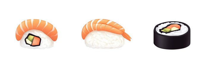 Sushi varieties including nigiri, sashimi, and maki rolls, showcasing shrimp and vegetable fillings, isolated on transparent background, png