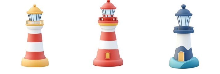 Colorful lighthouses, three distinct designs, vibrant colors, cartoonish style, decorative elements, coastal theme, isolated on transparent background, png