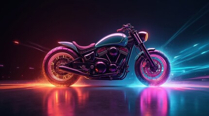 Futuristic Motorcycle with Colorful Lights and Laser Beams