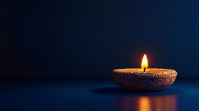 A beautifully crafted oil lamp with a glowing flame, set against a dark blue background, exuding warmth and tranquility.